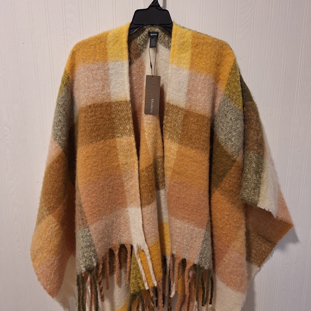 Modena Elegant Plaid Fringe Wrap | Mustard Peach Olive
